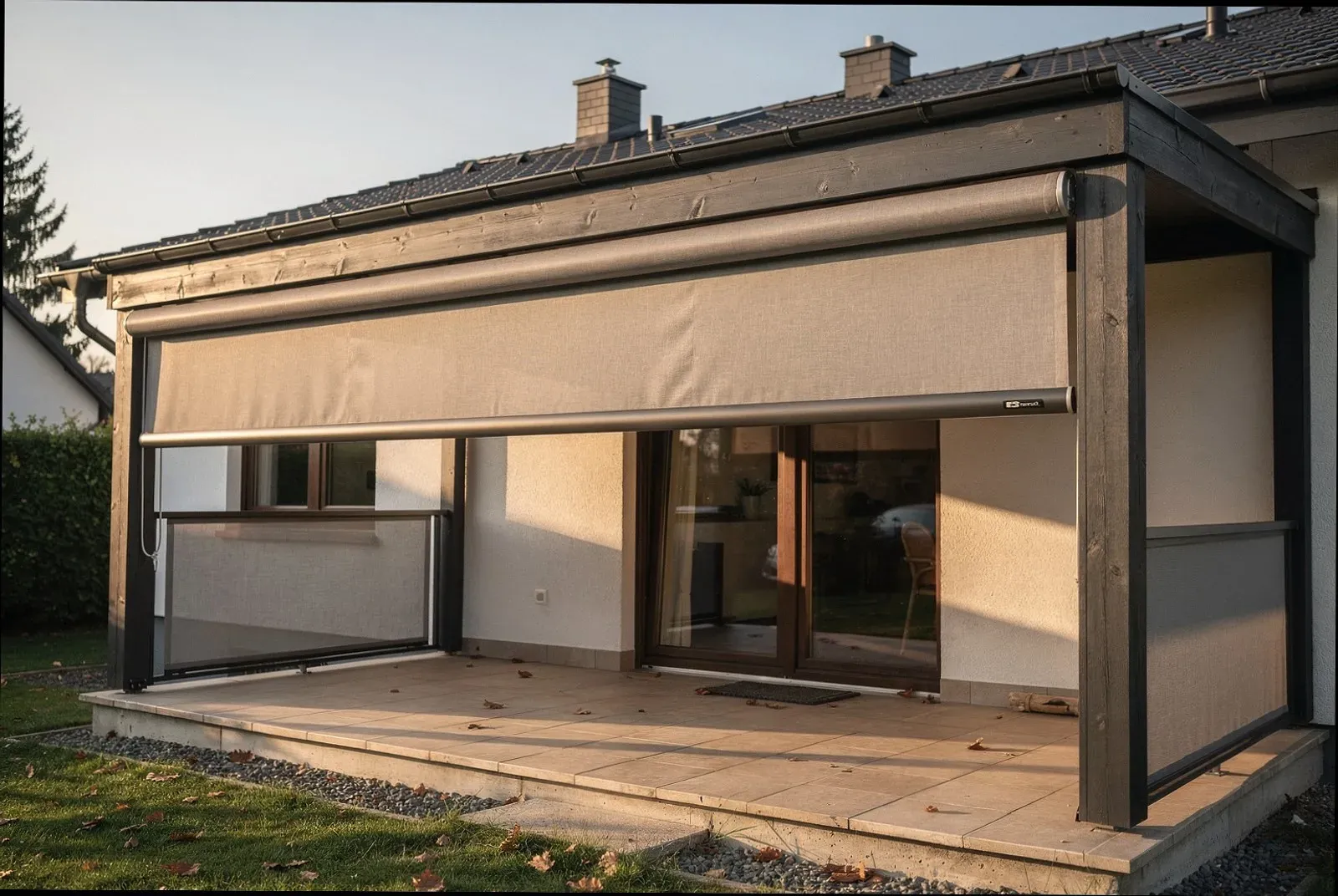 Terrassenüberdachung mit Unterglas-Beschattung an einem Wohnhaus in Krefeld