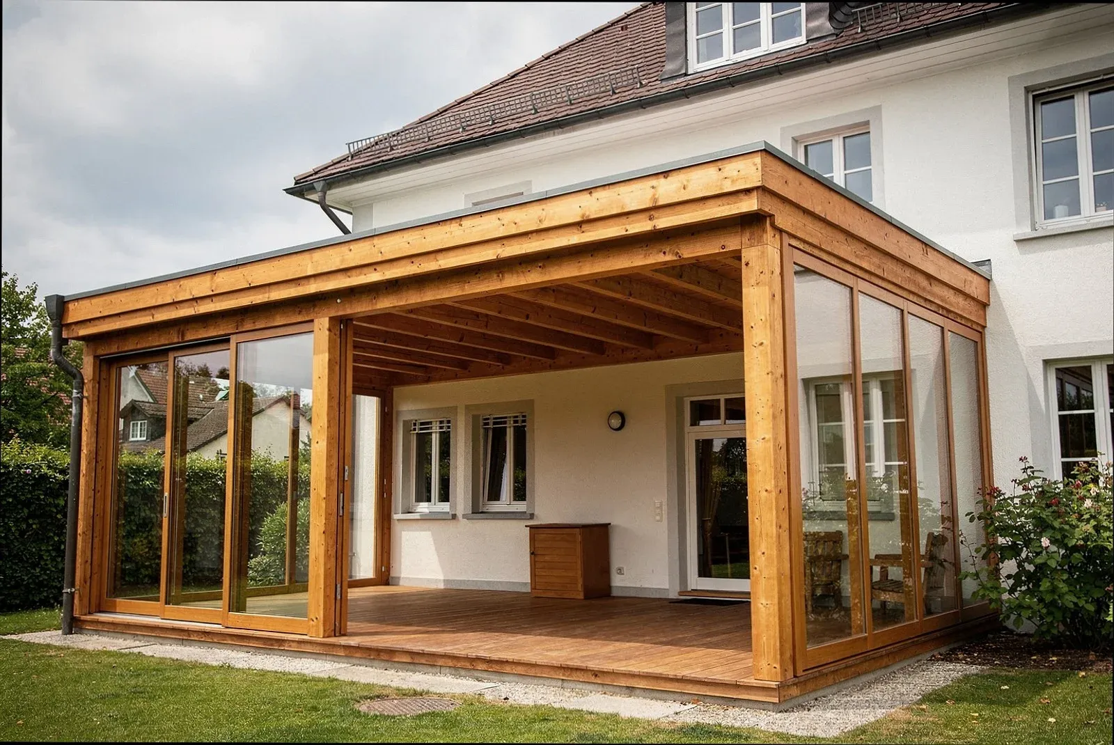 Terrassenüberdachung mit Glas-Seitenwänden an einem Wohnhaus in Krefeld